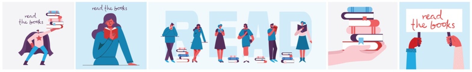 Vector concept illustrations of World Book Day and Book festival in the flat style. People read the book.