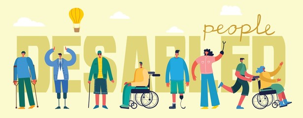 Fototapeta premium Vector background with disabled people, young invalid persons and men and women helping. World without barriers. Flat cartoon characters.