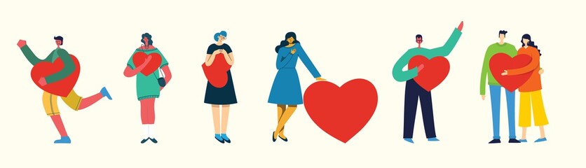 Share your Love. People with hearts as love messages. Vector illustration for Valentine's day in the modern flat style