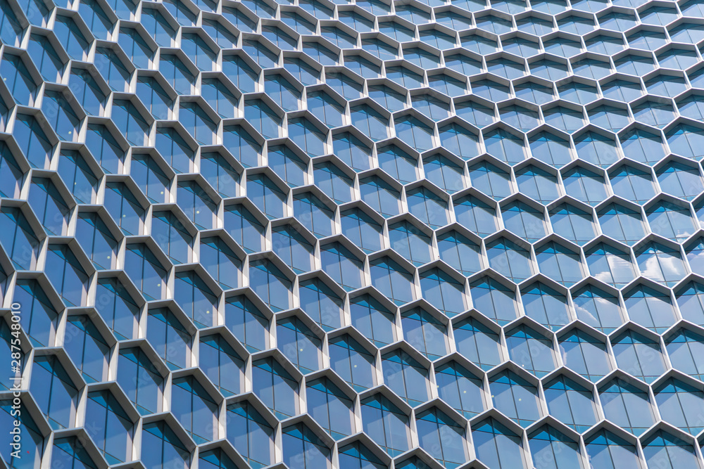 Poster office buildings. structure of hexagon windows in futuristic technology network connection concept. 