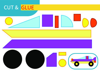 "Purple and yellow car racing" mini game "cut and glue" for kids ' learning, entertainment and education. Series "transport" - easy to print A4 and ready to use