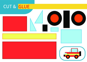 "Red and yellow SUV car" mini game "cut and glue" for learning, entertainment and education of children. Series "transport" - easy to print A4 and ready to use