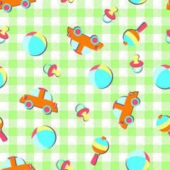 Cute multi-colored toys on a light green tartan background - seamless vector ornament design for fabrics, textiles, paper. Machine, rattle, nipple, ball.