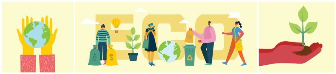 Vector illustration ECO backgrounds of Concept of green eco energy and quote Save the planet, Think green and Waste recycle