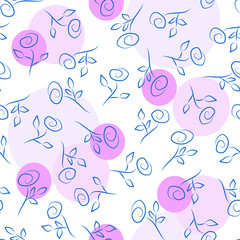 Graceful, delicate roses, lilac and pink circles on white background - vector seamless pattern