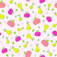 Cute, cartoon, colorful, ripe fruit, apples, pears, leaves isolated on pastel background. Seamless pattern in Doodle style