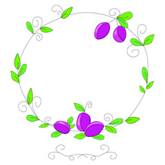 Round, thin, elegant frame in Doodle style: plums, leaves, curls, lines. Multi-colored illustration isolated on white background
