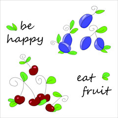 Ripe, delicious plums and cherries in Doodle style isolated on white background. Illustration with berries drawn by hand