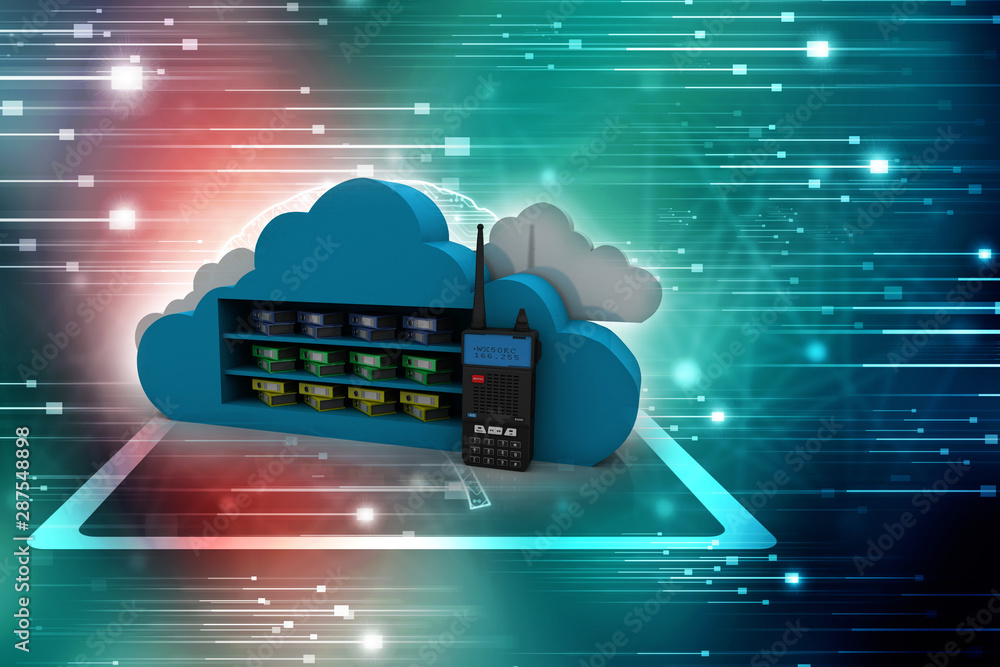 Poster 3d rendering latest radio transceivers with cloud folder storage
