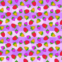 Doodle yellow, pink and red strawberries isolated on a checkered lilac background. Seamless vector pattern for printing and web pages