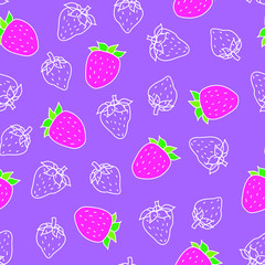 A white outline sketch depicts strawberries, hand-drawn bright pink berries isolated on a lilac background. Seamless vector pattern in Doodle style