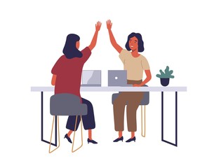 Employees in coworking open office flat vector illustration. Women giving high five at workplace cartoon characters. Corporate workers using laptops. Happy smiling female coworkers isolated clipart.