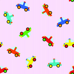 Colorful toy cars isolated on a light pink background. Children's seamless pattern for printing on fabric, plastic or paper