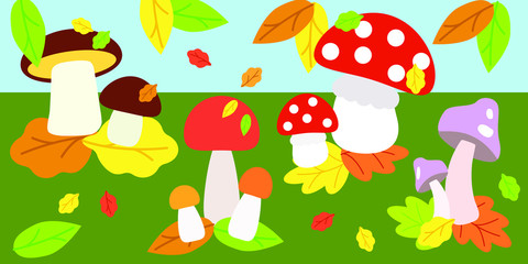 Bright, cartoon flat mushrooms in an autumn meadow with leaves and grass. Children funny illustration