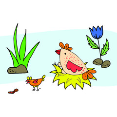 A simple hen incubates an egg in the nest, a small chicken is looking for food and worm. Cute picture on the farm