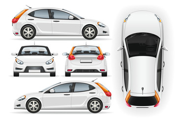 Car vector template on white background. Business hatchback isolated. Vehicle branding mockup. Side, front, back, top view.  - obrazy, fototapety, plakaty