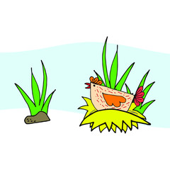 A nice simple flat hen incubates an egg in a nest near a tall grass - a naive illustration of rural life