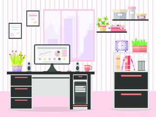 Empty workplace in a modern office or office in the house. Interior: Desk, wardrobe, bedside table, rack, computer, books, plants, clock, window