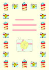 Rectangular template, blank for cards, ads, letters: multi-colored gift boxes in the style of Doodle. Hand-drawn gifts with ribbons and bows