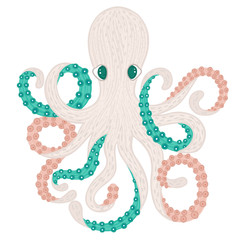 Vector octopus. Cute cartoon character. Colorful marine life. Underwater creatures. Design for the attributes of water park and aquarium. Print for clothes, cards, covers, posters. Sticker, label