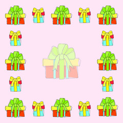 Colored square frame with gift boxes in the style of Doodle. Hand-drawn ribbons, bows, boxes isolated on light background