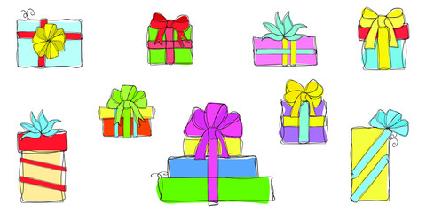 Large painted, painted, multi-colored set of gift boxes with ribbons and bows. Sketch, hand drawn, isolated on white background