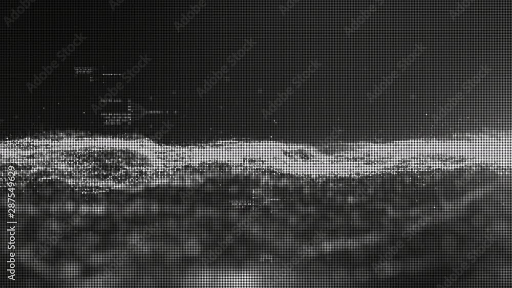 Poster Futuristic mysterious digitally generated motion graphic particles wave flowing abstract in cyber space technology de-focus background