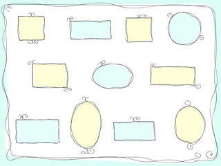 A set of hand-drawn geometric frames with swirls. Thin outline, pastel colored copy space