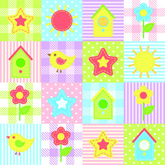 Fabric applique stitched on the colorful patchwork background: the sun, bird, birdhouse, flower. Vector seamless pattern
