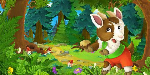 Cartoon fairy tale scene with goat farmer on the meadow in the forest - illustration for children