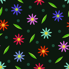 Seamless vector pattern: embroidered multi-colored Daisy flowers with leaves isolated on dark background