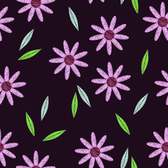 Seamless vector pattern: embroidered pink Daisy flowers with leaves isolated on dark background