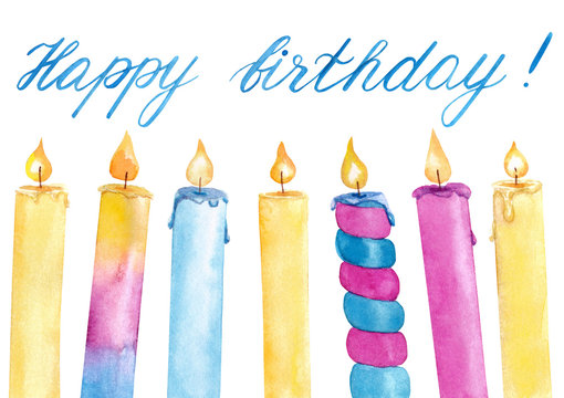 Watercolor hand drawn colorful birthday candles with flame set with hand writing lettering isolated on white background, decoration for birthday card.