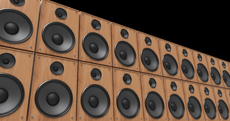 Vintage Cabinet Speakers Playing Music On A Concert Stage. Music And Entertainment Related 3D Illustration Render