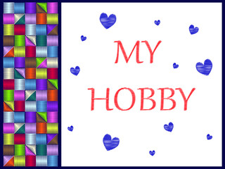 A vertical frame of embroidered small multi-colored squares is placed on a dark blue background with a light space for text. Blank with hearts for invitation card or album cover