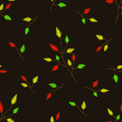 Thin embroidered autumn twigs with orange, green and yellow leaves are isolated on a dark brown background. Design for printing on fabric and paper
