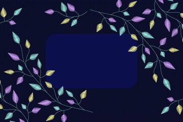 Embroidered thin twigs with multicolored leaves are on a dark blue velvet fabric. Blank cards, covers or invitations with copy space