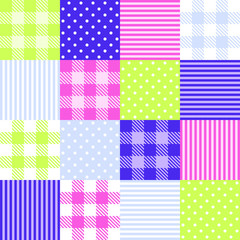 Square fragments of multicolored fabric in polka dots, checkered, striped. Seamless vector pattern