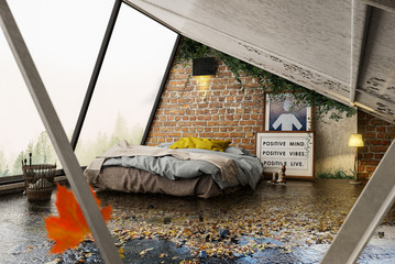 Schlafzimmer mit großem bett im Dachgeschoss bei Herbst wird von Natur erobert (3d rendering)