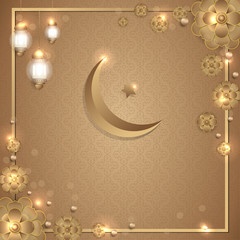 Islamic moon, flower and lantern gold Square background