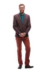 in full growth. serious hipster man with glasses. isolated on white