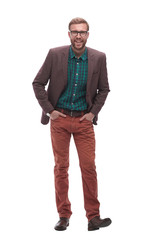 in full growth. serious hipster man with glasses. isolated on white