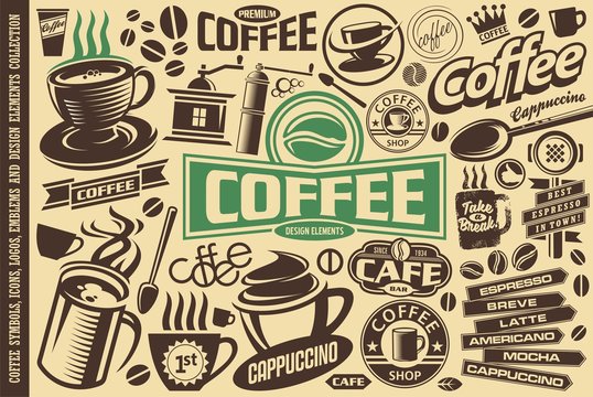 Coffee vector set of icons, logos, emblems, symbols and design elements. Coffee mugs, cups, beans, labels collection. Cafe menu illustration.