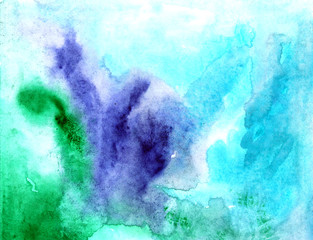 Beautiful abstract smudges of blue, green, turquoise white and violet colors in hand painted watercolor background design