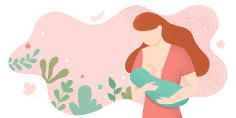 Young woman breastfeeding her newborn baby holding and nursing him in hands. Lactation concept. Breast feeding week banner, happy mother day clip art. Child drinks milk from the female breast - obrazy, fototapety, plakaty