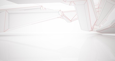 Abstract architectural white interior of a minimalist house with large windows. Drawing. 3D illustration and rendering.