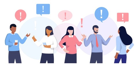 Vector illustration of communication of people in search of solutions to problems, use in web-projects and applications, collective thinking. Ethnic business people group full length team