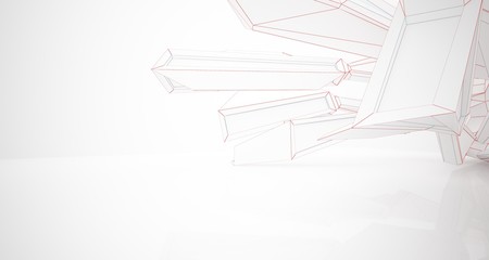 Abstract architectural white interior of a minimalist house with large windows. Drawing. 3D illustration and rendering.