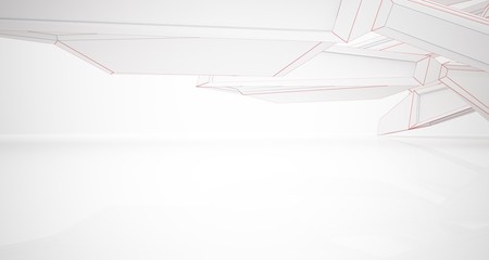 Abstract architectural white interior of a minimalist house with large windows. Drawing. 3D illustration and rendering.