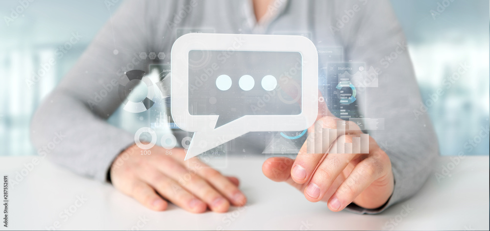 Poster View of a Businessman holding a message icon with data in background - 3d rendering